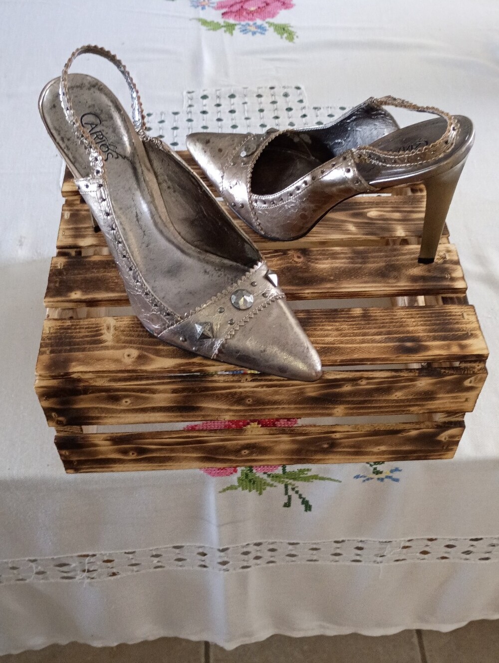 Carlos Santana Metallic Silver Pointed Slingback Heels with Stud Accents